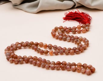 Collar Mala de piedra solar natural de 8 mm con 108 cuentas, rosario de piedra solar anudado a mano, Japa Mala de meditación, joyería de yoga con piedras preciosas color naranja melocotón.
