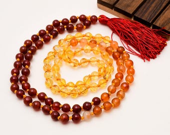 Collar Mala de 108 cuentas de citrino natural, cornalina y ágata roja de 8 mm, cuentas de meditación Japa anudadas a mano, joyería espiritual con piedras preciosas.