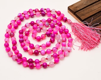 Collar Mala de 108 cuentas de ágata rosa bandeada de 8 mm, Japa Mala de meditación anudado a mano, Cuentas de oración de ágata rosa natural, Joyería espiritual para yoga