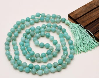 Collar Mala de Amazonita Natural de 108 cuentas, cuentas de oración de amazonita anudadas a mano de 8 mm, Japa Mala de meditación, collar de yoga con piedras preciosas verdes