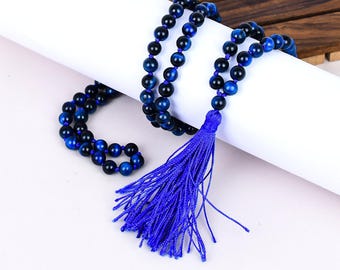 Collar Japa Mala de 108 cuentas de ojo de tigre azul natural – Cuentas de oración de piedras preciosas de 6 mm