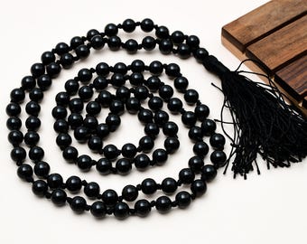 Collar Mala de 108 cuentas de turmalina negra natural de 8 mm, cuentas de meditación Japa Mala anudadas a mano, joyería espiritual con piedras preciosas.