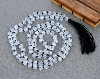 Japa Mala de cuarzo diamante Herkimer AAA: 108 cuentas anudadas a mano, collar con borla negra.