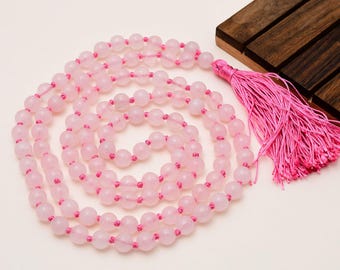 Collar Mala de cuarzo rosa natural de 8 mm con 108 cuentas, cuentas de oración de cristal rosa anudadas a mano, Japa Mala de meditación, piedra preciosa del chakra del corazón