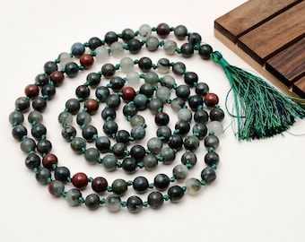 Collar Mala de 108 cuentas de heliotropo africano natural de 8 mm, cuentas de oración Japa Mala anudadas a mano para meditación y sanación espiritual.
