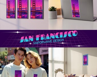 San Francisco Sublimation PNG – Golden Gate Bridge Retro Print, California Grainy Vaporwave Clipart for Wall Art, T-Shirt, Tote Bag, Sticker
