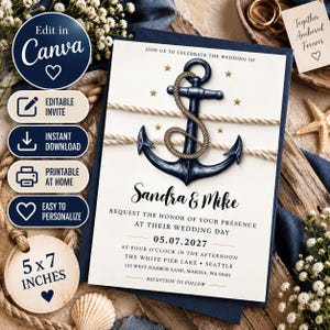 Pode incluir: Um convite de casamento retangular com uma âncora azul-escura envolta em corda bege, estrelas douradas e texto preto: Sandra & Mike, 05.07.2027, às 16h, The White Pier Lake, Seattle, 123 West Harbor Lane, Marina, WA 98101.