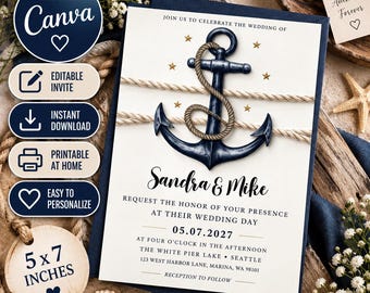 May include: A rectangular wedding invitation card featuring a dark blue anchor wrapped in tan rope, gold stars, and black text reading Sandra & Mike, 05.07.2027, at four o'clock in the afternoon, The White Pier Lake, Seattle, 123 West Harbor Lane, Marina, WA 98101.