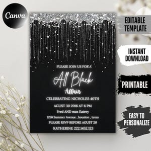 Editable All Black Affair Invitation: Dripping Glitter (Printable)