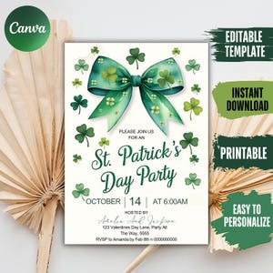 St. Patrick's Day Einladung Shamrock Klee Salbei Grün Bogen Kokette Elegante Band St. Patrick's Day Party laden bearbeitbare Vorlage ein!