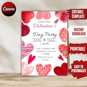 Galentine&#39;s Party Invitation Template: Red Hearts, Pink Bows (Digital Download)