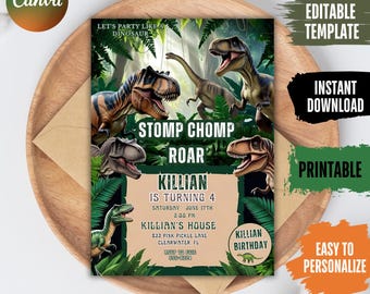 May include: A green and brown dinosaur birthday party invitation with the text "Stomp Chomp Roar" and "Killian is turning 4". The invitation features a jungle scene with dinosaurs and green leaves.