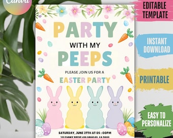 Easter Egg Hunt Invitation: Bunny Peeps Party (Editable Canva Template)