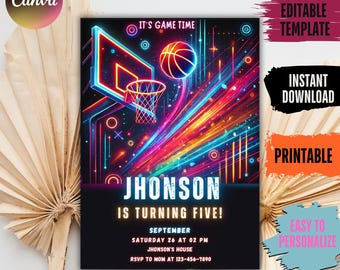 May include: A neon-colored basketball birthday invitation with a basketball hoop and a basketball. The text reads "It's Game Time", "JHONSON is turning FIVE!", "SEPTEMBER", "SATURDAY 26 AT 02 PM", "JHONSON'S HOUSE", and "RSVP TO MOM AT 123-456-7890".