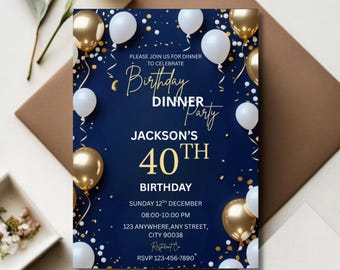 Könnte beinhalten: Einladung zum Geburtstagsdinner in Marineblau mit goldenen und weißen Luftballons. Der Einladungstext lautet "Jacksons 40. Geburtstag" mit Veranstaltungsdetails. Das Design umfasst Konfetti und dekorative Elemente.