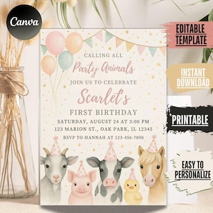 Editable Party Animals Birthday Invitation Template | Calling All Party Animals Printable Invite Girl Birthday Party Invitation
