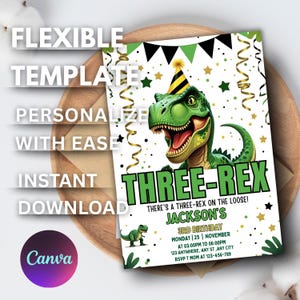 Dinosaur Birthday Invitation, Editable Three Rex Birthday Invite, Boys Third Birthday Dino Party, Three-Rex On The Loose