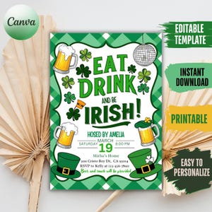Eat Drink & Be Irish Invitation Template Printable Adult St. Patricks Day Party Invite Editable Shamrock Green Beer Cheers Invite Download
