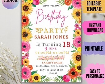 Wildflower Birthday Invitation | Editable Floral Party Invite | Canva Template Download