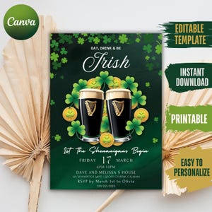 Eat Drink & Be Irish Invitation Template Printable Adult St. Patricks Day Party Invite Editable Shamrock Green Beer Adult Invite Download