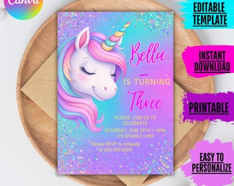 May include: Printable birthday invitation featuring a cartoon unicorn with a pink and blue mane and a rainbow horn. The invitation says "Bella is turning Three" and includes details for the party, including the date, time, and location.