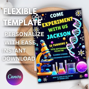 May include: A science-themed birthday party invitation with the text "Come Experiment With Us Jackson". The design features a microscope, DNA strands, and laboratory glassware against a dark blue background. The invitation also includes the text "Flexible Template, Personalize With Ease, Instant Download".