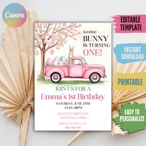 Bunny 1st Birthday Invitation: Pink Truck, Daisies (Digital Download)