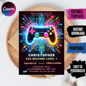 Neon Video Game Birthday Invitation: Editable Gamer Party Invite (Digital Download)