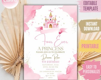Princess 4th Birthday Invitation: Castle Party, Editable Template (Digital Download)