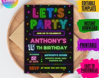 Neon Glow Birthday Invitation, Let's Party Template, Kids Teen (Digital Download)