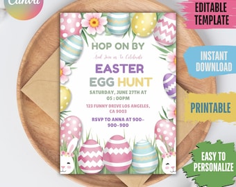 Invitación a la búsqueda de huevos de Pascua: Diseño floral en acuarela (Plantilla editable de Canva)