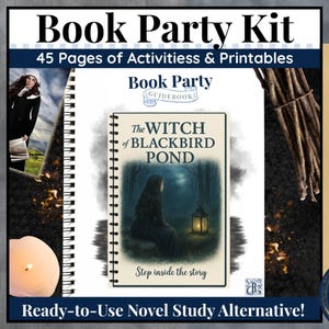 May include: A spiral-bound book titled "The Witch of Blackbird Pond" with a woman in a dark dress and a lantern. The cover is part of a "Book Party Kit" with 45 pages of activities and printables. Text includes "Ready-to-Use Novel Study Alternative!"