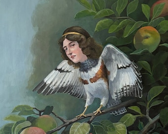 Bird woman in apple tree original framed acrylic painting