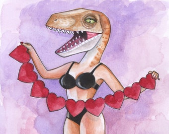 Valentine Velociraptor Sexy Pinup Print of original watercolor 8x6 in print