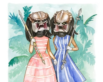 Predator Alien sisters print of watercolor painting