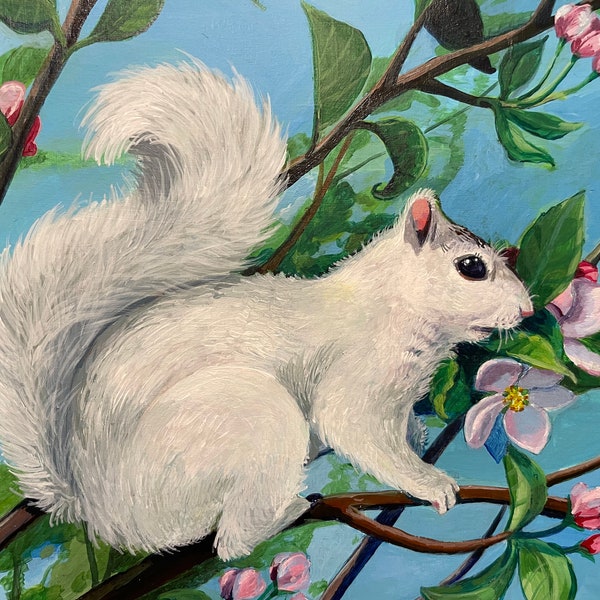 White squirrel in flowering branches original acrylic painting on illustration board