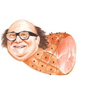May include: A watercolor illustration of a man's face with glasses and a smile, with a ham replacing the lower half of his head.