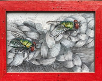 Flies in braids original framed acrylic painting