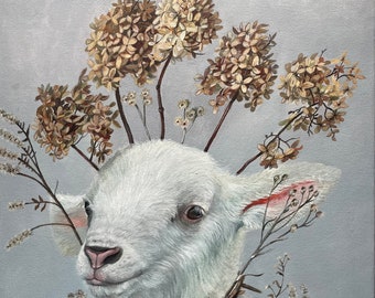 Lamb with dried flowers original acrylic painting on stretched canvas