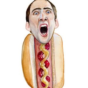 Nicolas Cage hot dog face off watercolor print 5x7