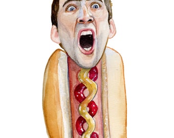 Nicolas Cage hot dog face off watercolor print 5x7