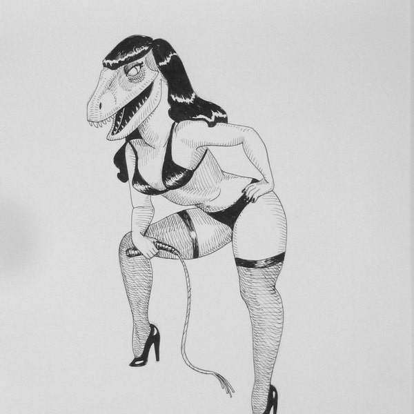 Velociraptor Pinup pen and ink drawing