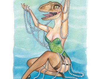 Velociraptor pinup underwater with pearls pinup art print