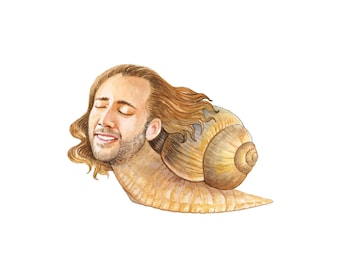 May include: Watercolor illustration of a snail with a human face. The face has long, wavy, light brown hair and is smiling with closed eyes. The snail's shell is a light brown color with a spiral design.