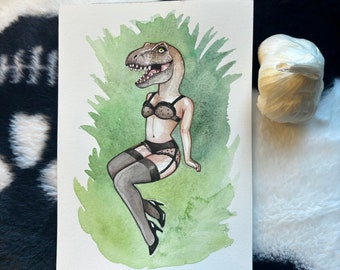 Tyrannosaurus Rex dinosaur pinup original mini watercolor painting