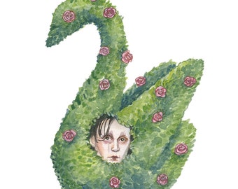 Edward scissorhands peeking out from a swan topiary print