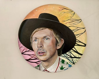 Beck Hansen portrait original acrylic painting on circular canvas