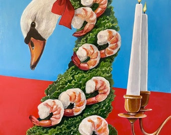 Swan shrimp holiday tower original acrylic painting