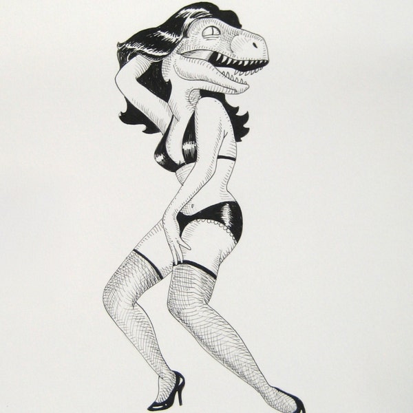 Velociraptor Pinup pen and ink drawing