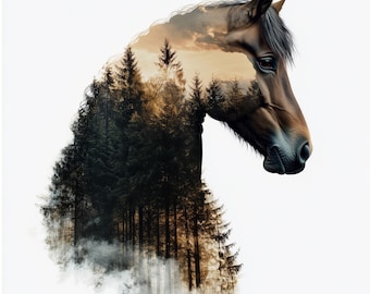 Paquete de imágenes prediseñadas de caballos majestuosos, 10 diseños de alta calidad, arte equino etéreo, imprimibles, doble exposición, uso comercial